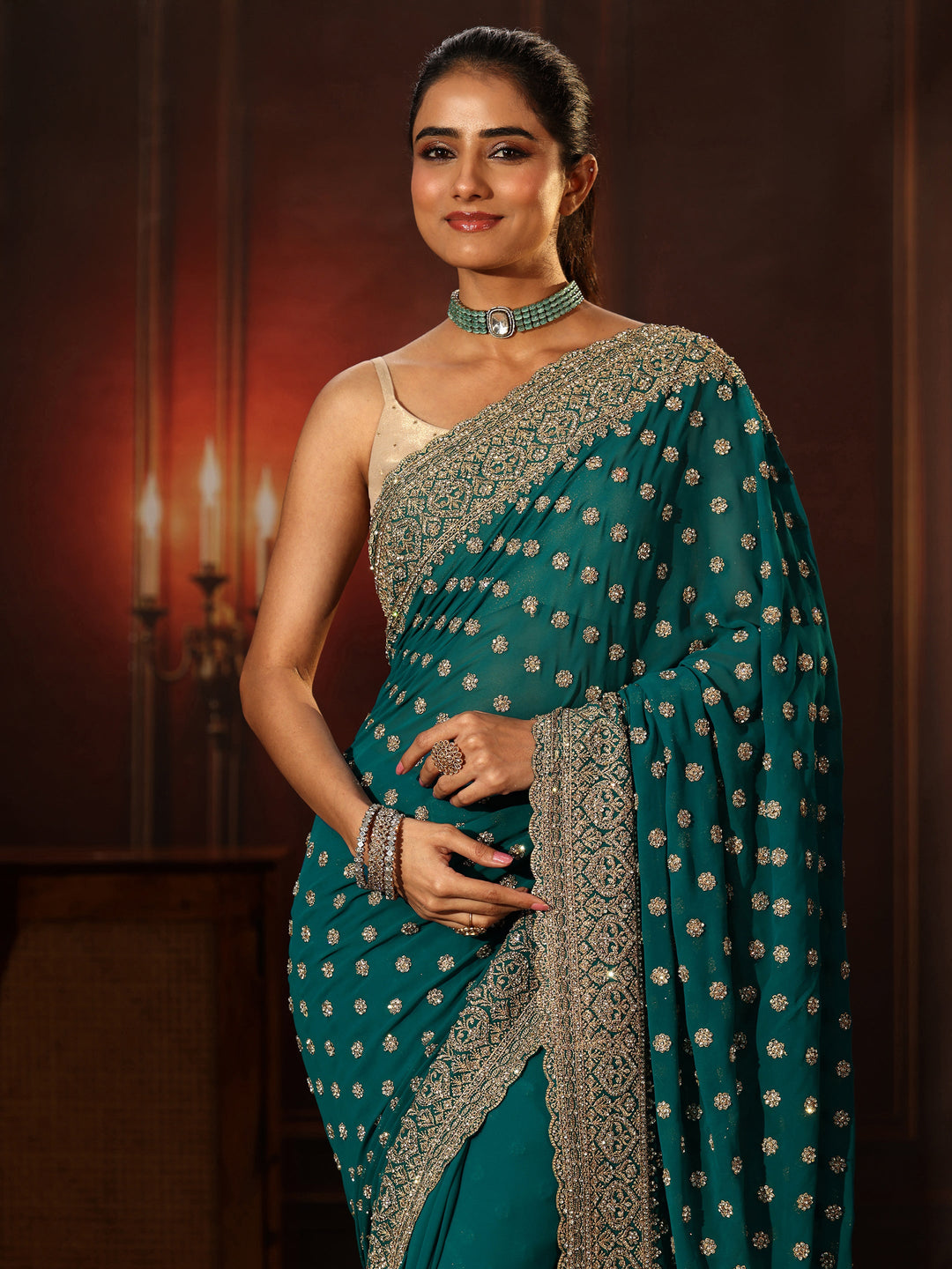 Libas Art Peacock Green Embellished Georgette Saree 