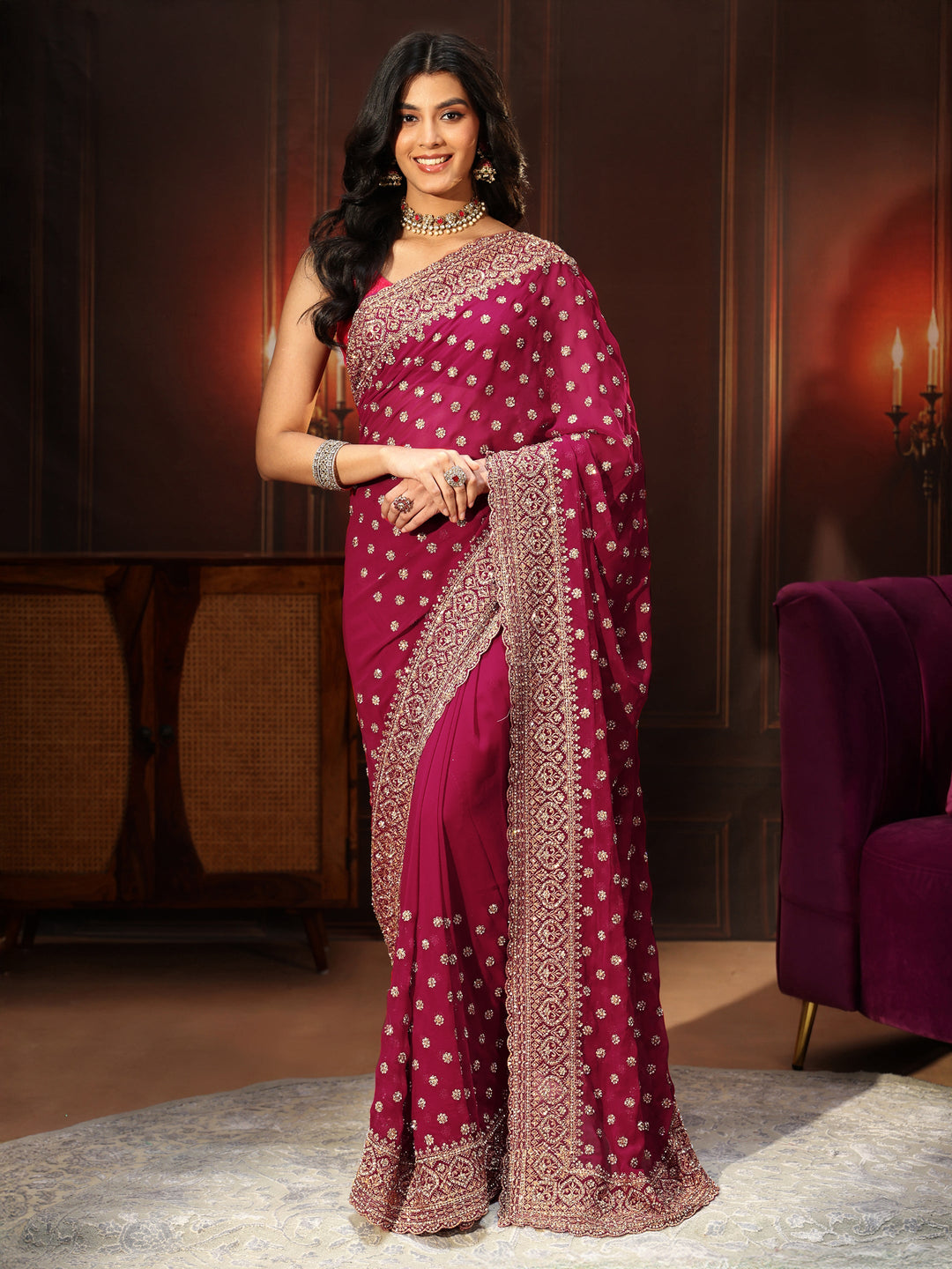  Libas Art Magenta Pink Embellished Georgette Saree 