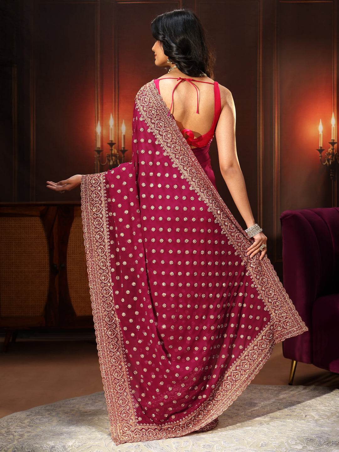  Libas Art Magenta Pink Embellished Georgette Saree 