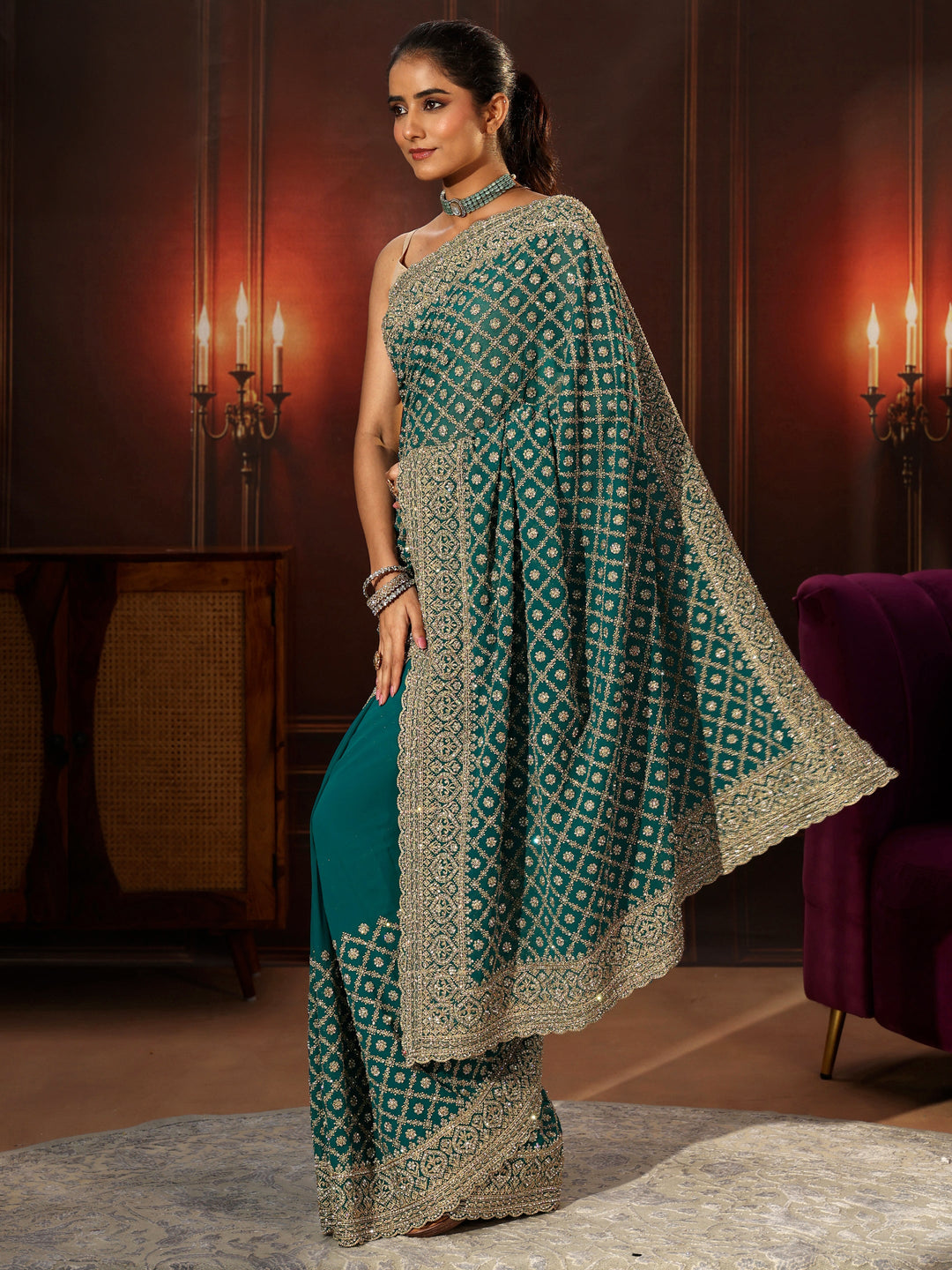  Libas Art Teal Green Embellished Georgette Saree 