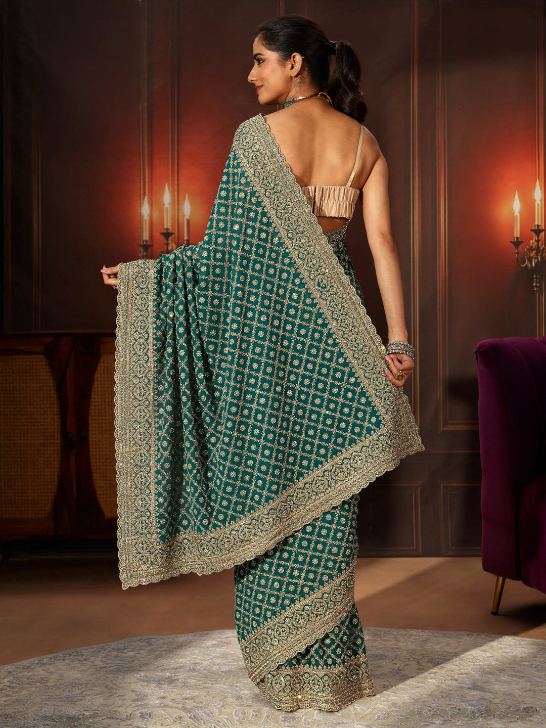  Libas Art Teal Green Embellished Georgette Saree 