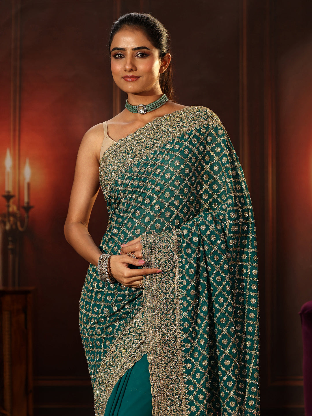  Libas Art Teal Green Embellished Georgette Saree 