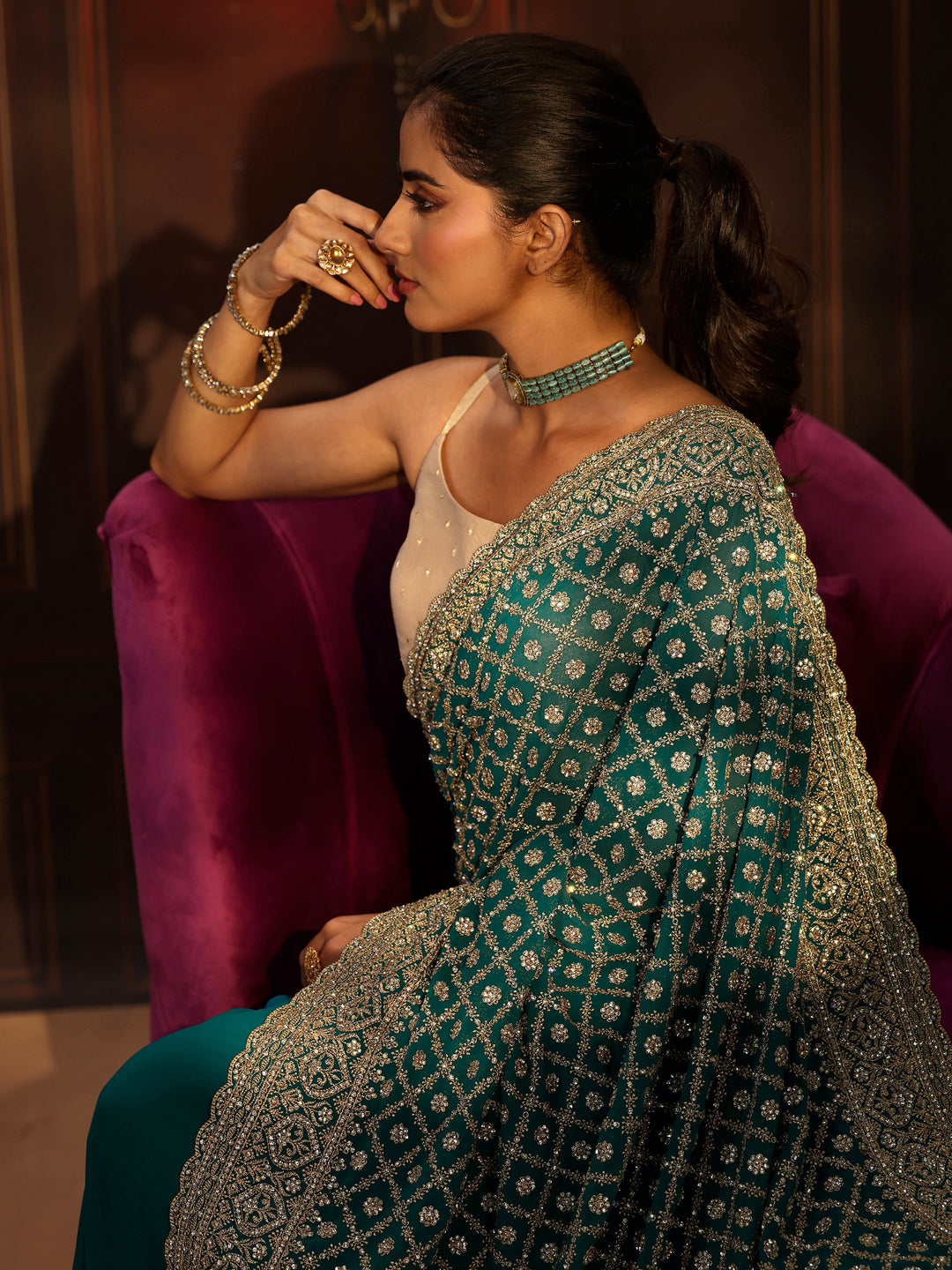  Libas Art Teal Green Embellished Georgette Saree 