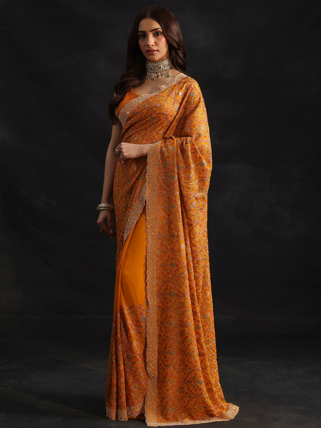  Libas Art Mustard Floral Embellished Georgette Saree 
