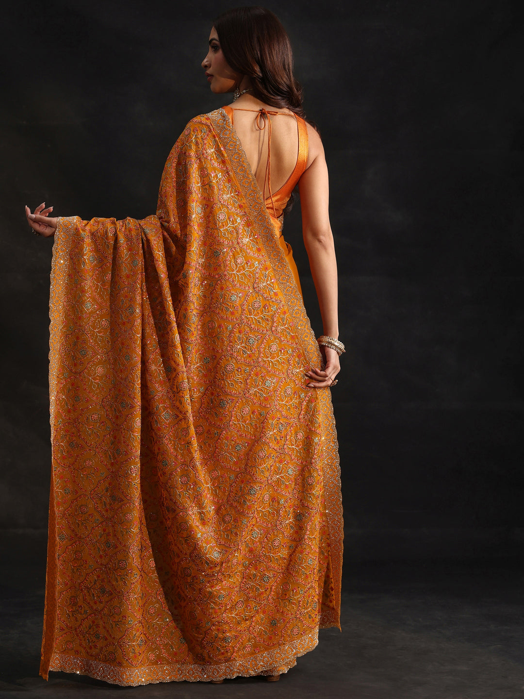  Libas Art Mustard Floral Embellished Georgette Saree 