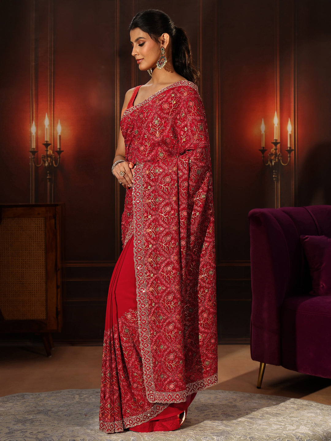  Libas Art Crimson Red Floral Embroidered Georgette Saree 