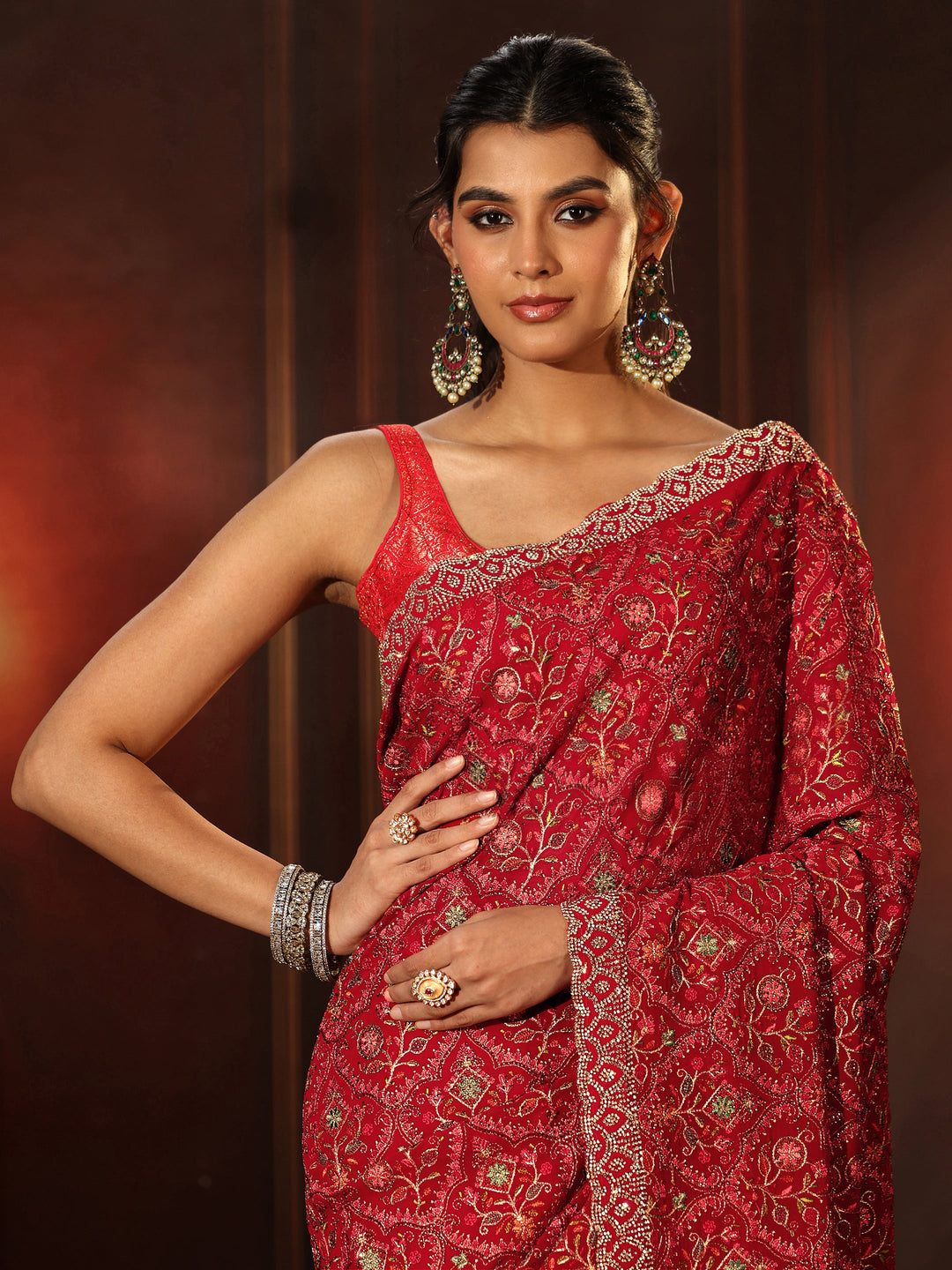  Libas Art Crimson Red Floral Embroidered Georgette Saree 