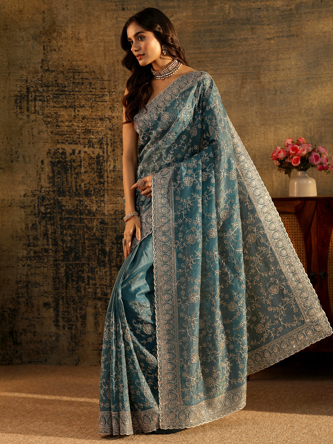  Libas Art Dusty Blue Floral Embroidered Satin Saree 