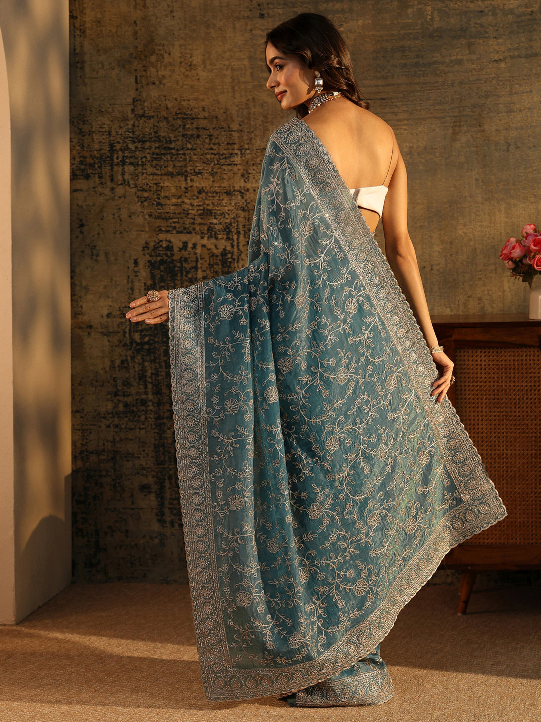  Libas Art Dusty Blue Floral Embroidered Satin Saree 