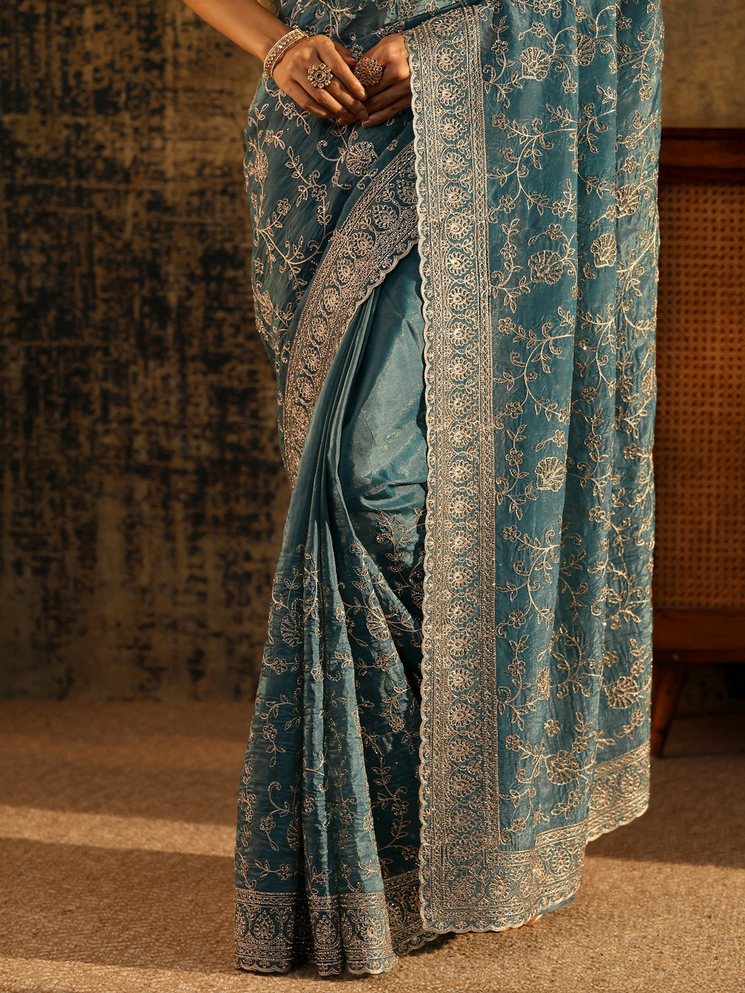  Libas Art Dusty Blue Floral Embroidered Satin Saree 