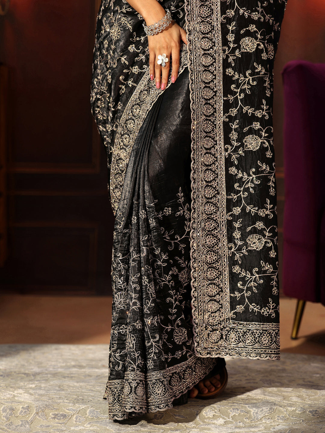  Libas Art Black Floral Embroidered Satin Saree 