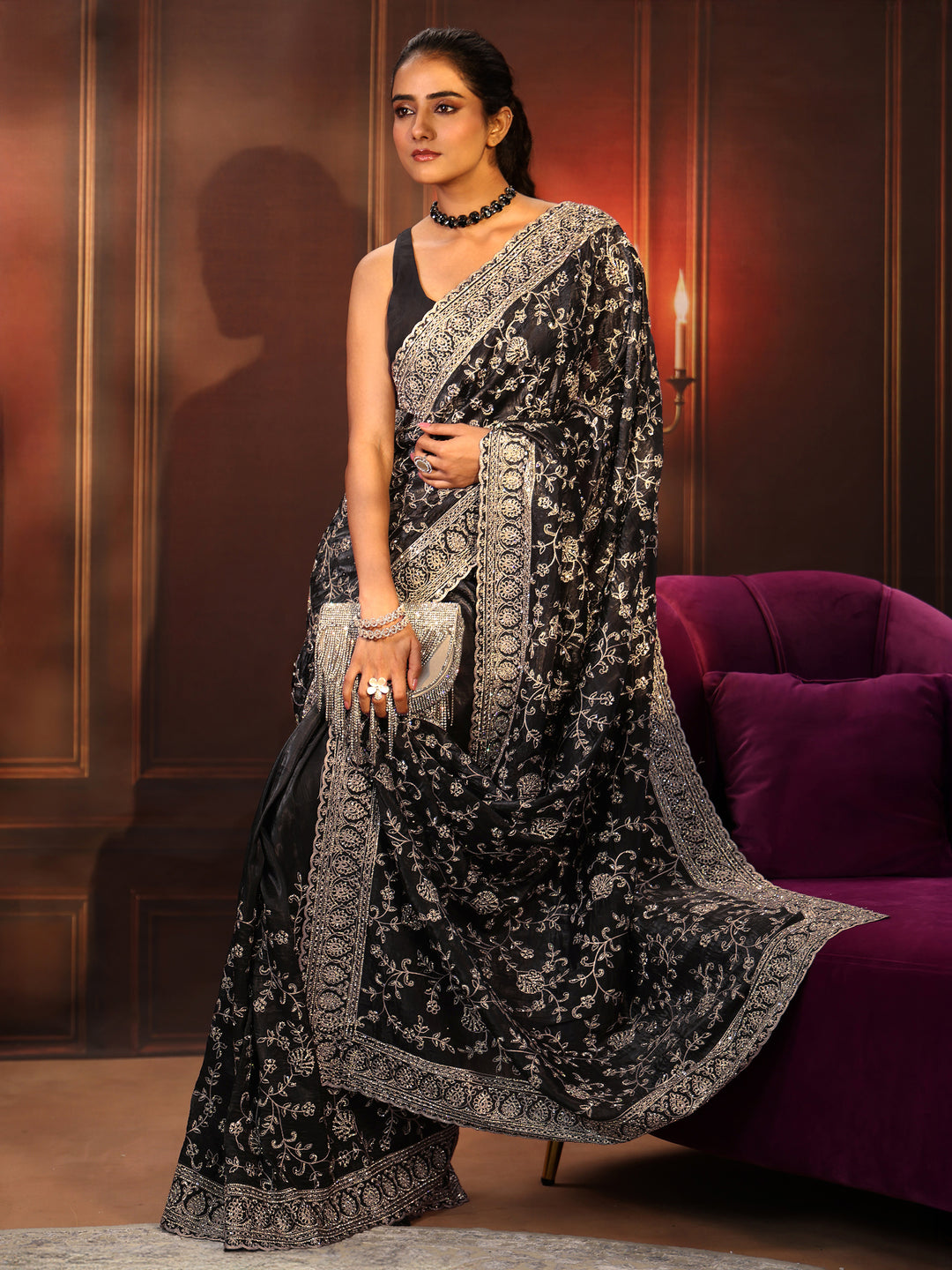 Libas Art Black Floral Embroidered Satin Saree