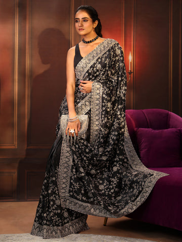 Libas Art Black Floral Embroidered Satin Saree