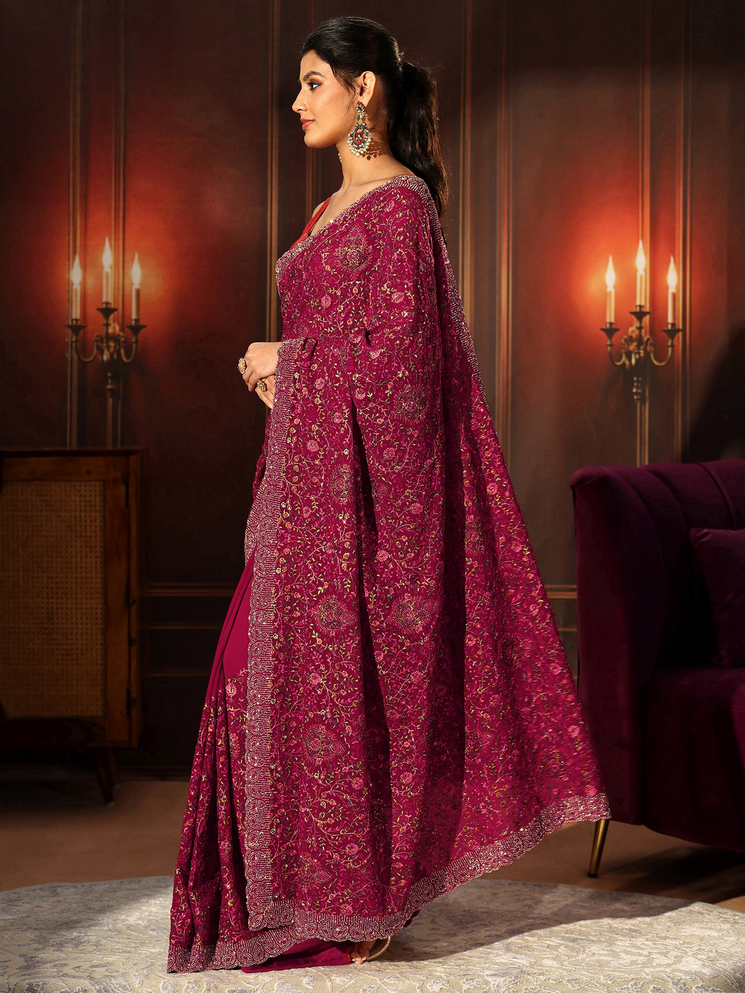  Libas Art Magenta Pink Floral Embroidered Georgette Saree 