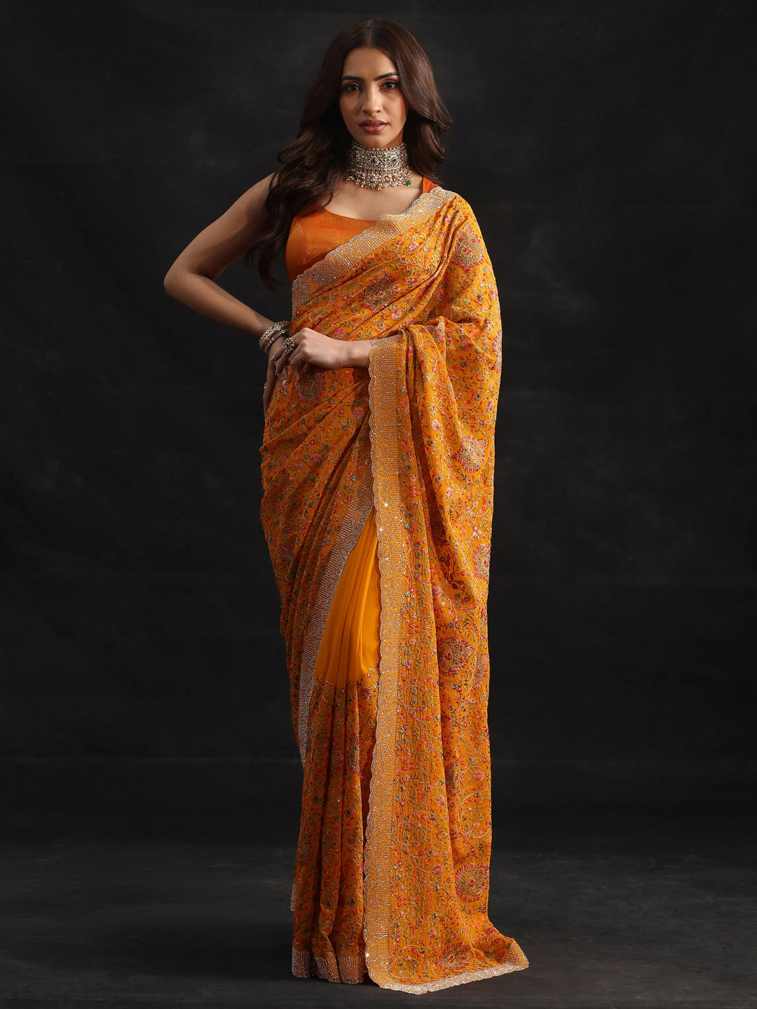  Libas Art Mustard Floral Embellished Georgette Saree 