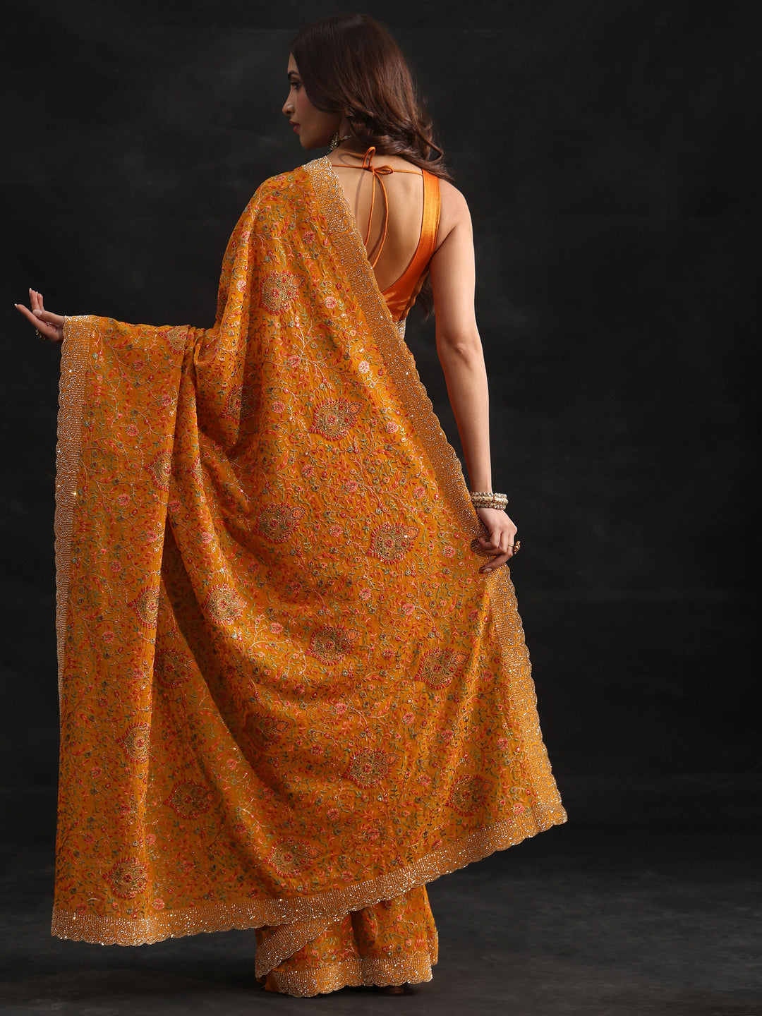 Libas Art Mustard Floral Embellished Georgette Saree 