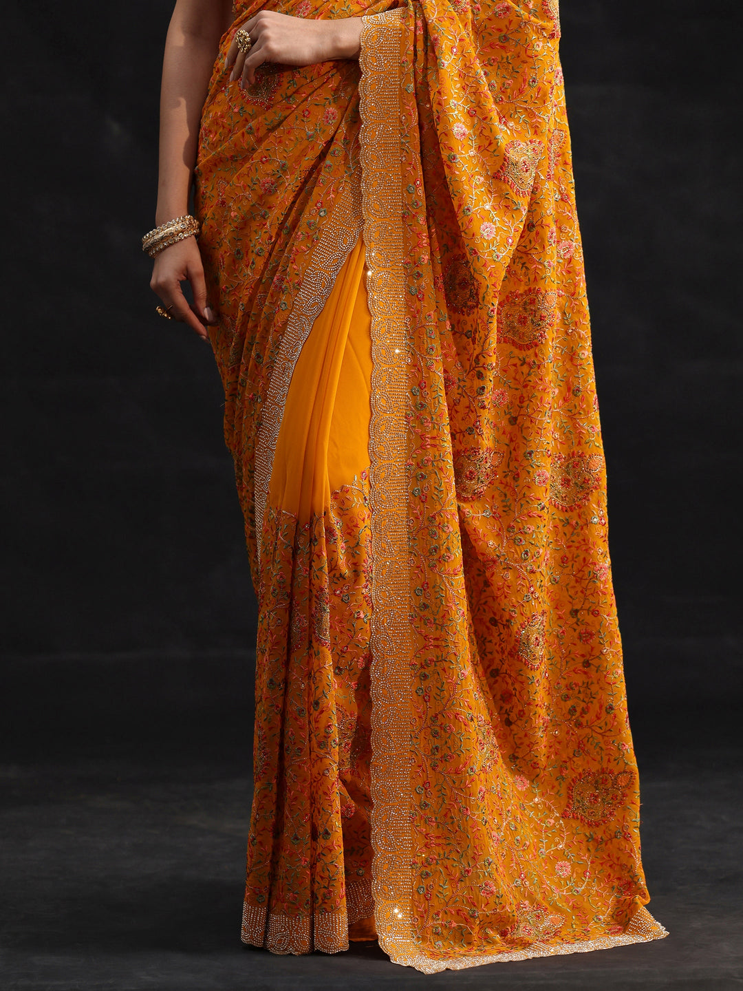  Libas Art Mustard Floral Embellished Georgette Saree 