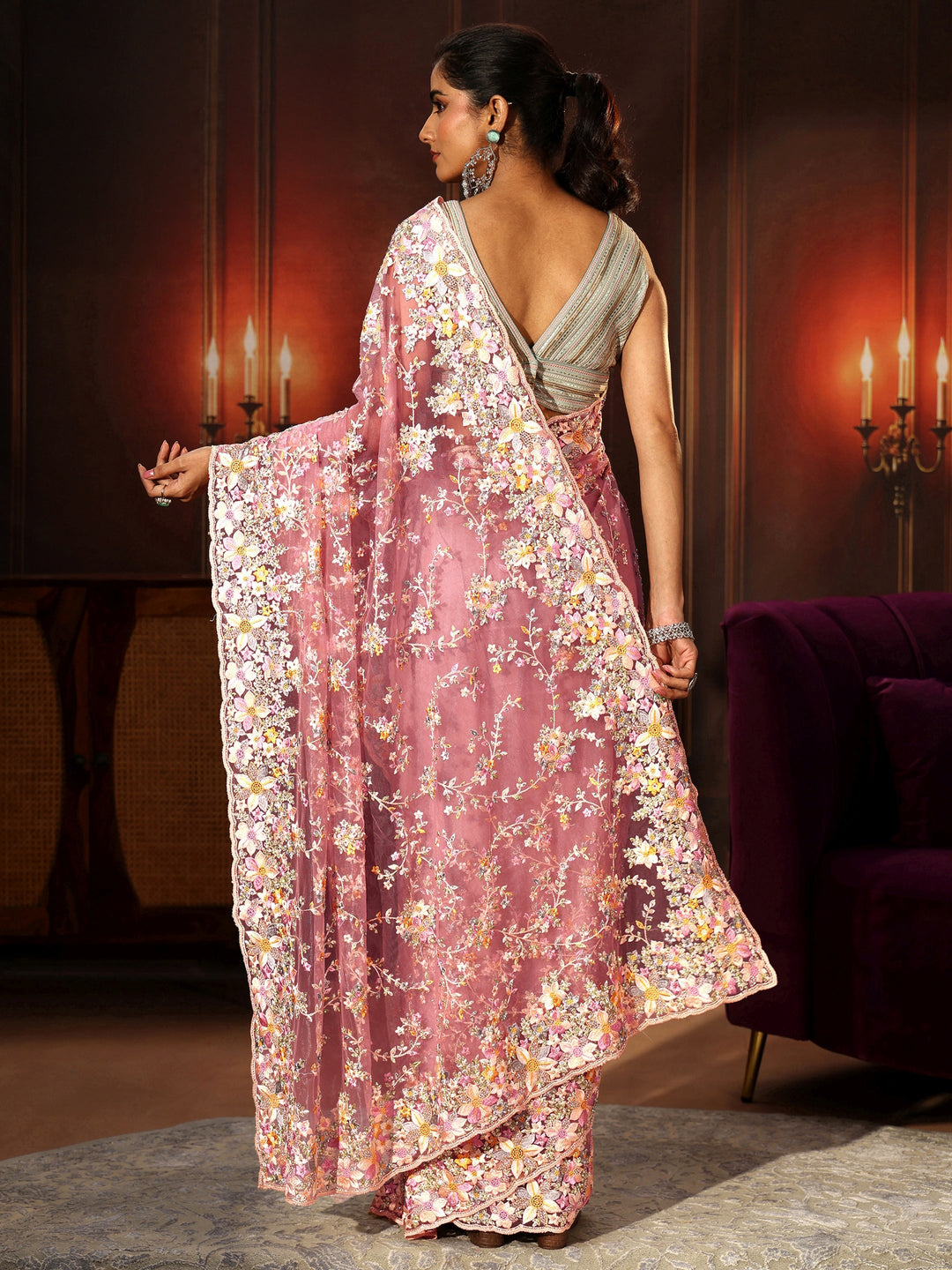  Libas Art Rose Pink Floral Embroidered Net Saree 