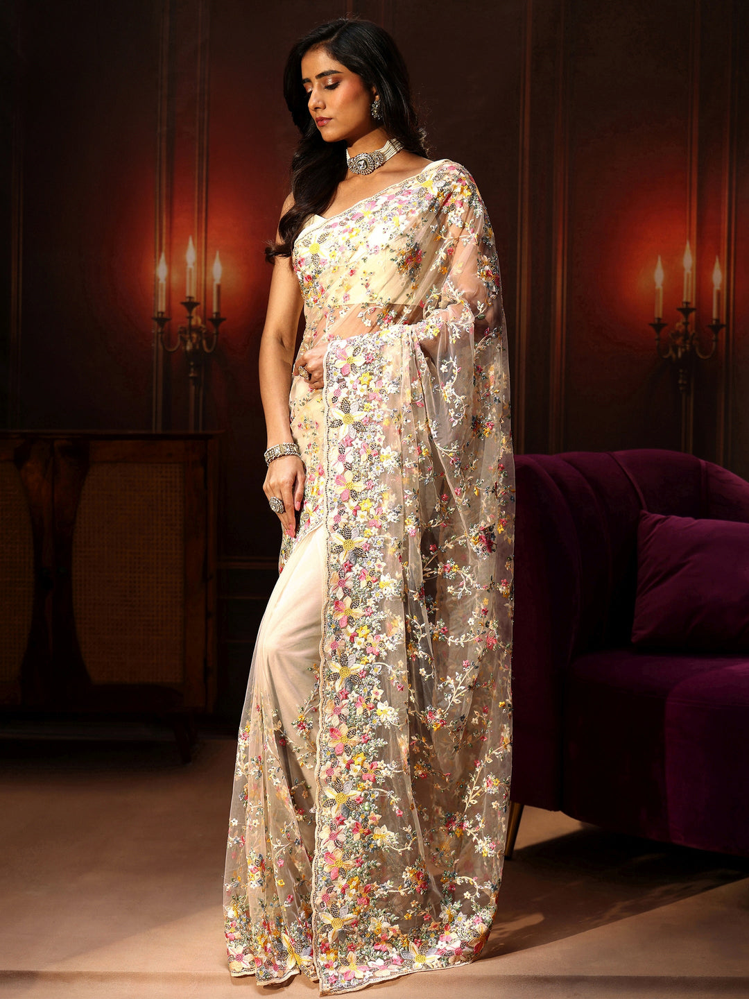  Libas Art Cream Floral Embroidered Net Saree 