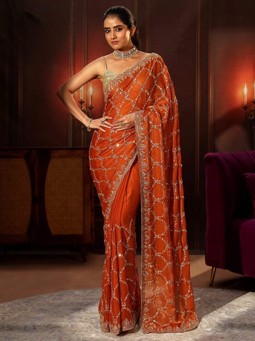  Libas Art Orange Embellished Tissue Saree 