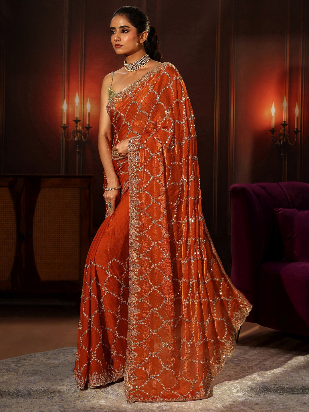  Libas Art Orange Embellished Tissue Saree 