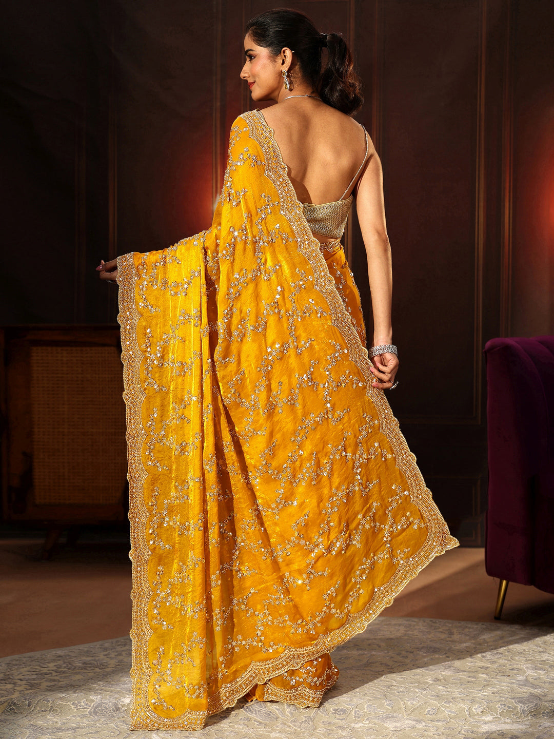  Libas Art Mustard Embellished Tissue Saree 
