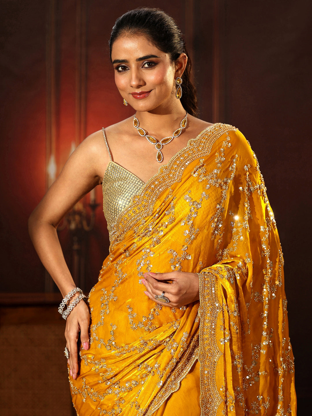  Libas Art Mustard Embellished Tissue Saree 