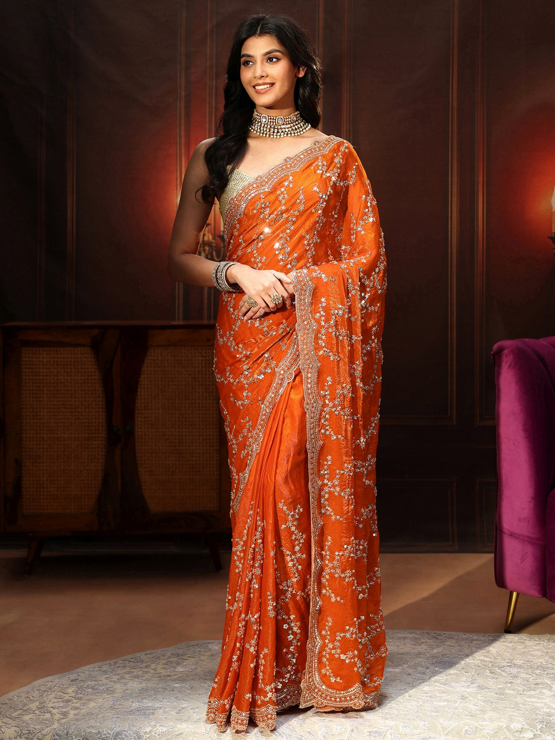  Libas Art Orange Embellished Tissue Saree 