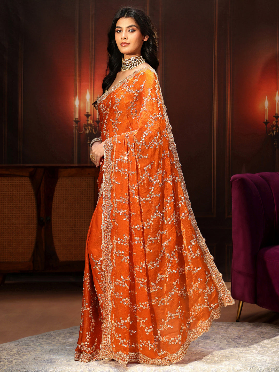  Libas Art Orange Embellished Tissue Saree 