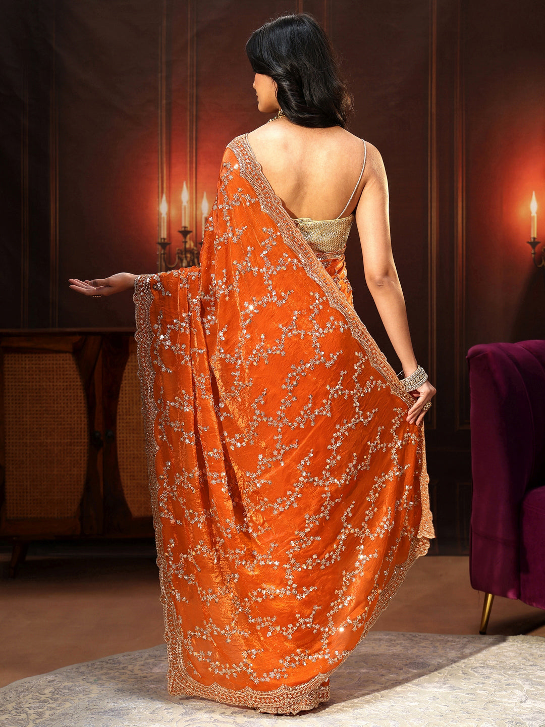  Libas Art Orange Embellished Tissue Saree 