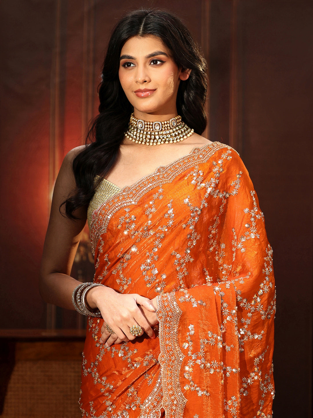  Libas Art Orange Embellished Tissue Saree 