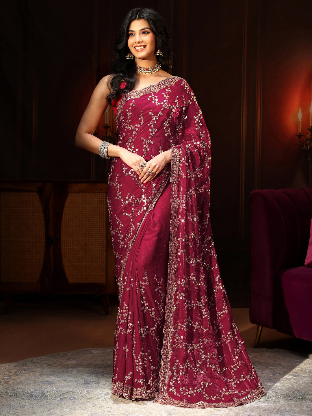  Libas Art Magenta Pink Embellished Tissue Saree 