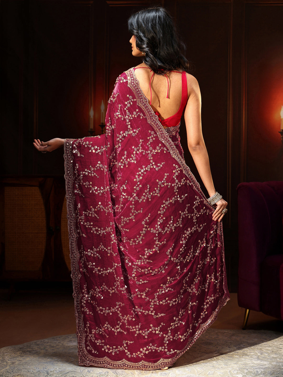  Libas Art Magenta Pink Embellished Tissue Saree 