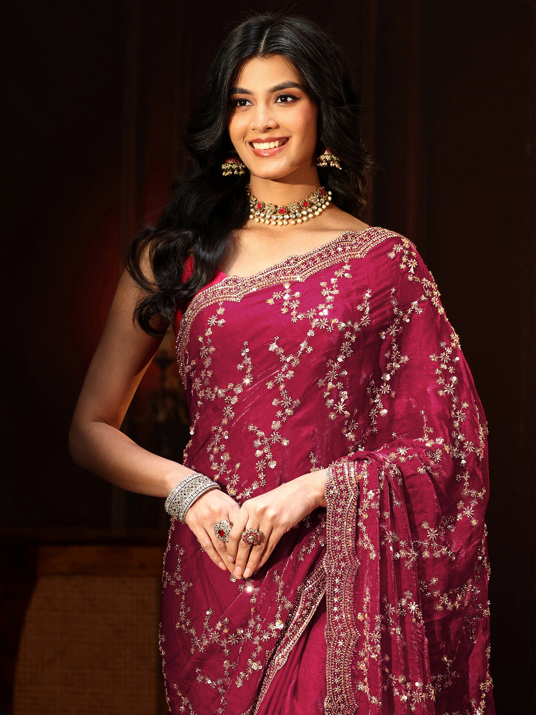  Libas Art Magenta Pink Embellished Tissue Saree 