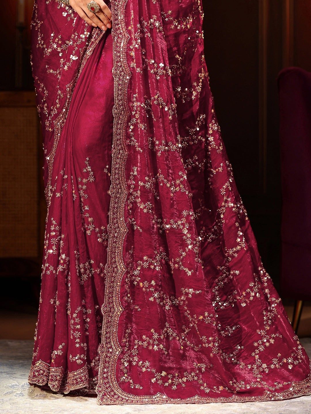  Libas Art Magenta Pink Embellished Tissue Saree 