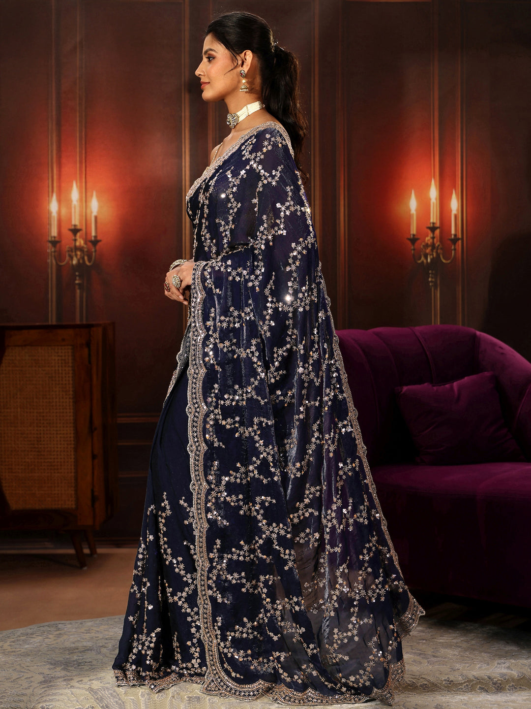  Libas Art Midnight Blue Embellished Tissue Saree 
