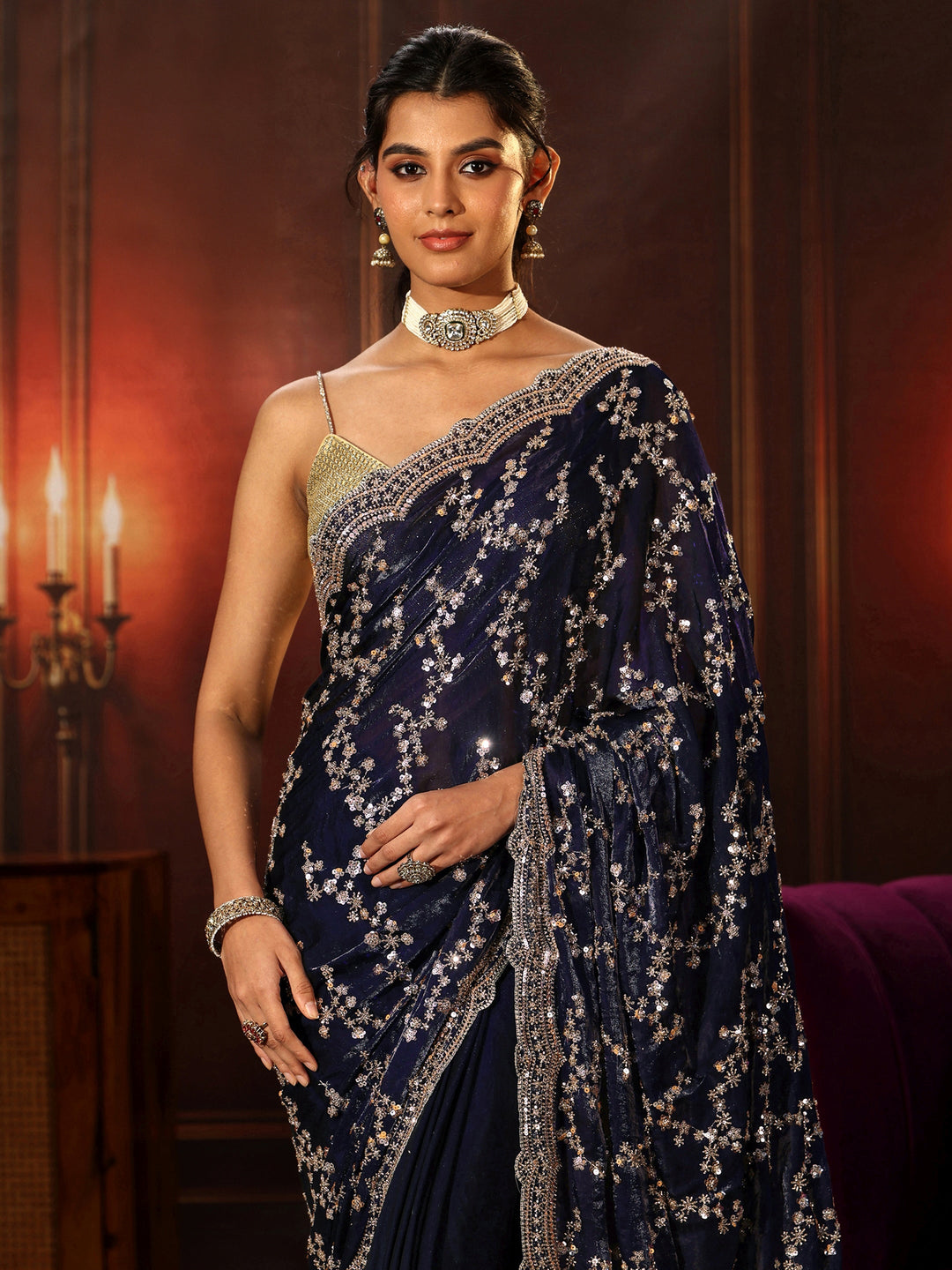  Libas Art Midnight Blue Embellished Tissue Saree 