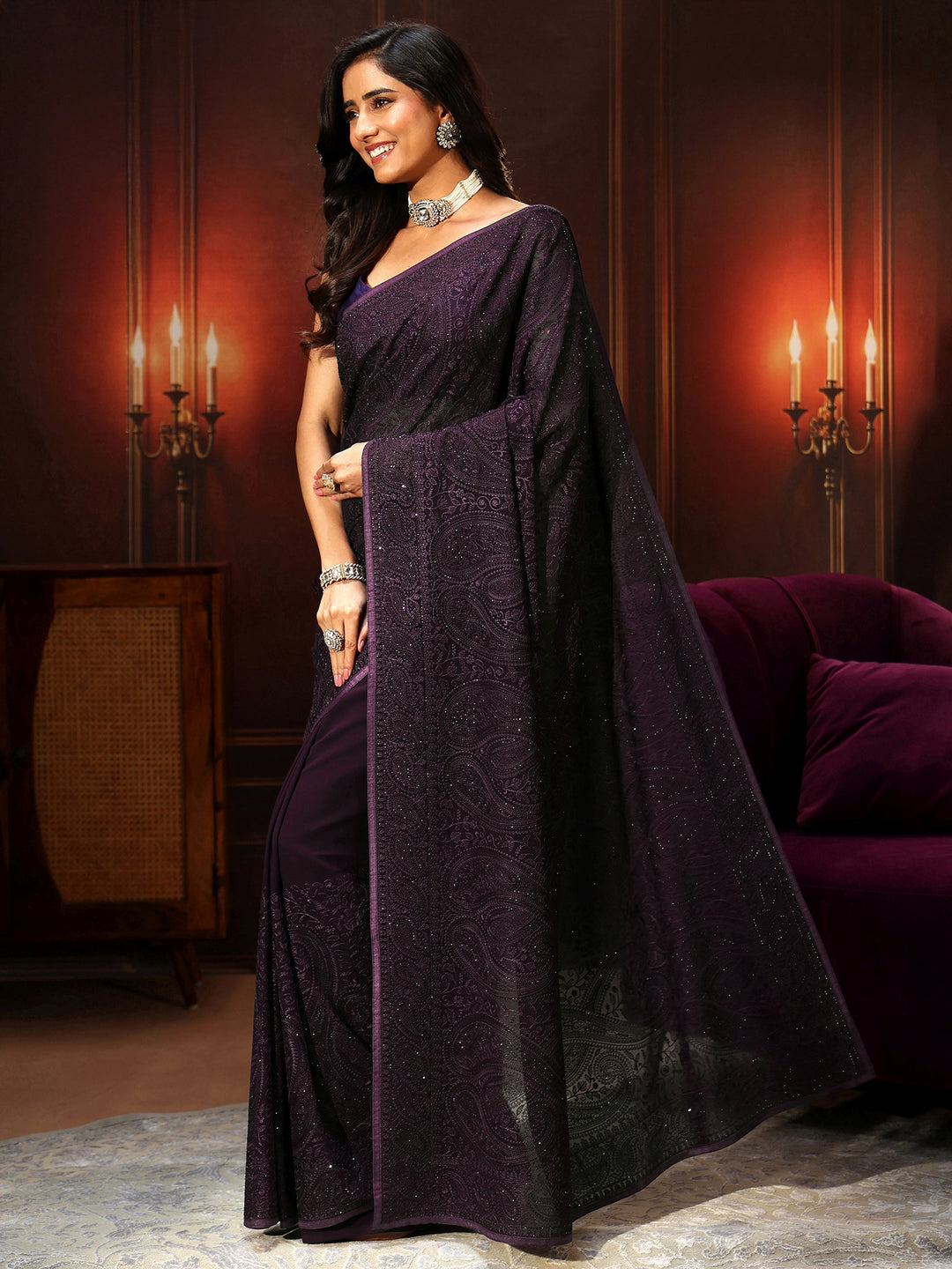  Libas Art Aubergine Purple Paisley Embroidered Georgette Saree 