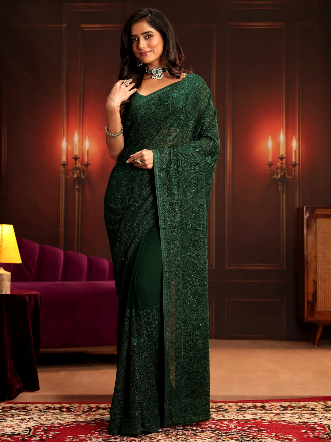 Libas Art Bottle Green Paisley Embroidered Georgette Saree 