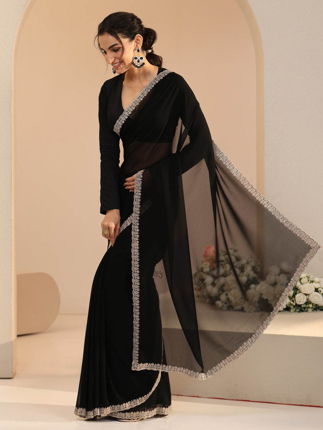  Libas Black Georgette Saree with Embroidered Border 