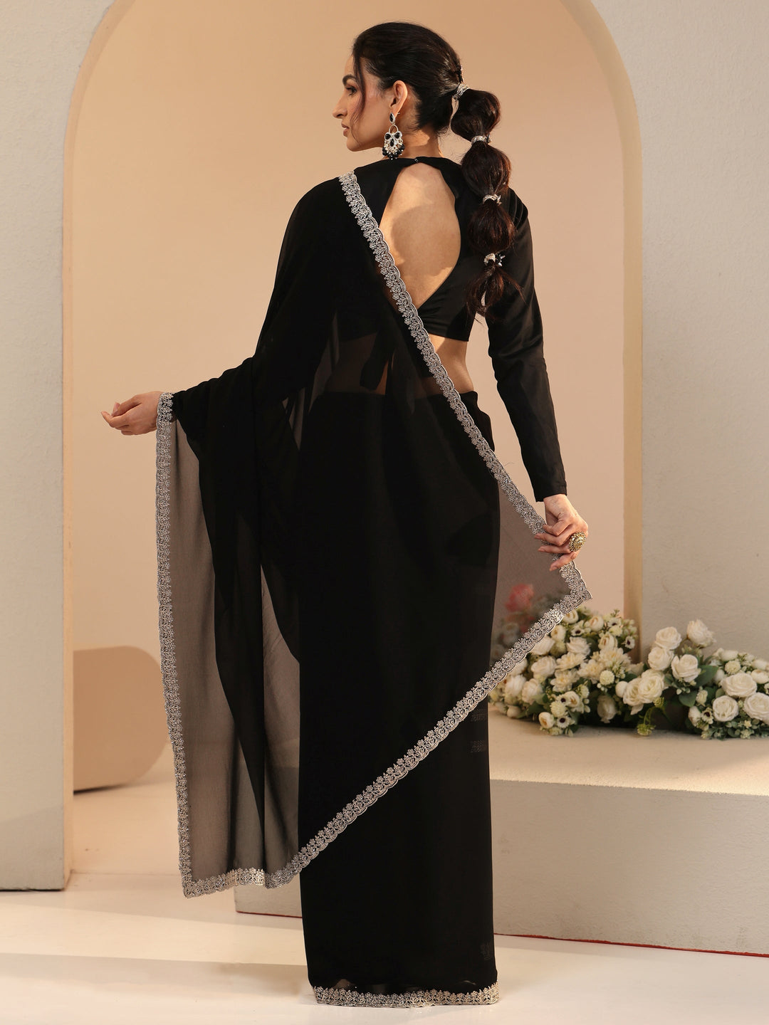  Libas Black Georgette Saree with Embroidered Border 