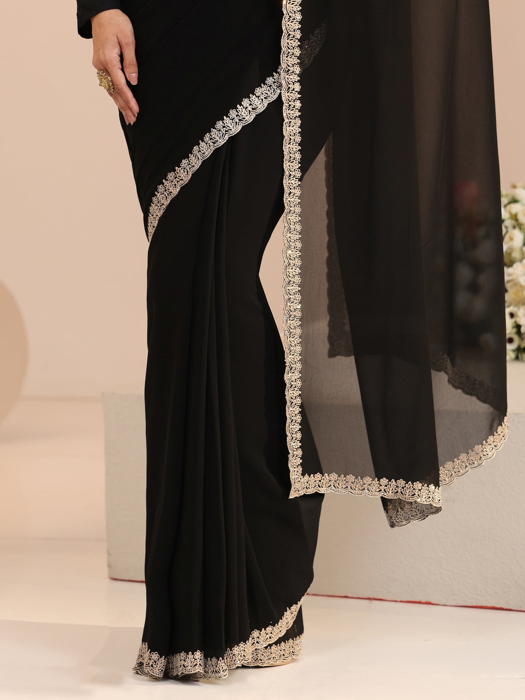 Libas Black Georgette Saree with Embroidered Border 