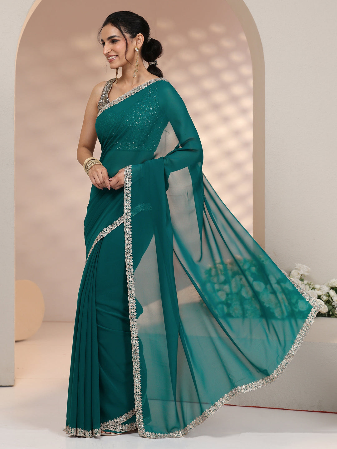  Libas Teal Green Georgette Saree with Embroidered Border 