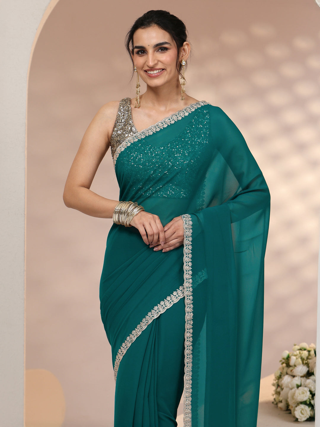  Libas Teal Green Georgette Saree with Embroidered Border 