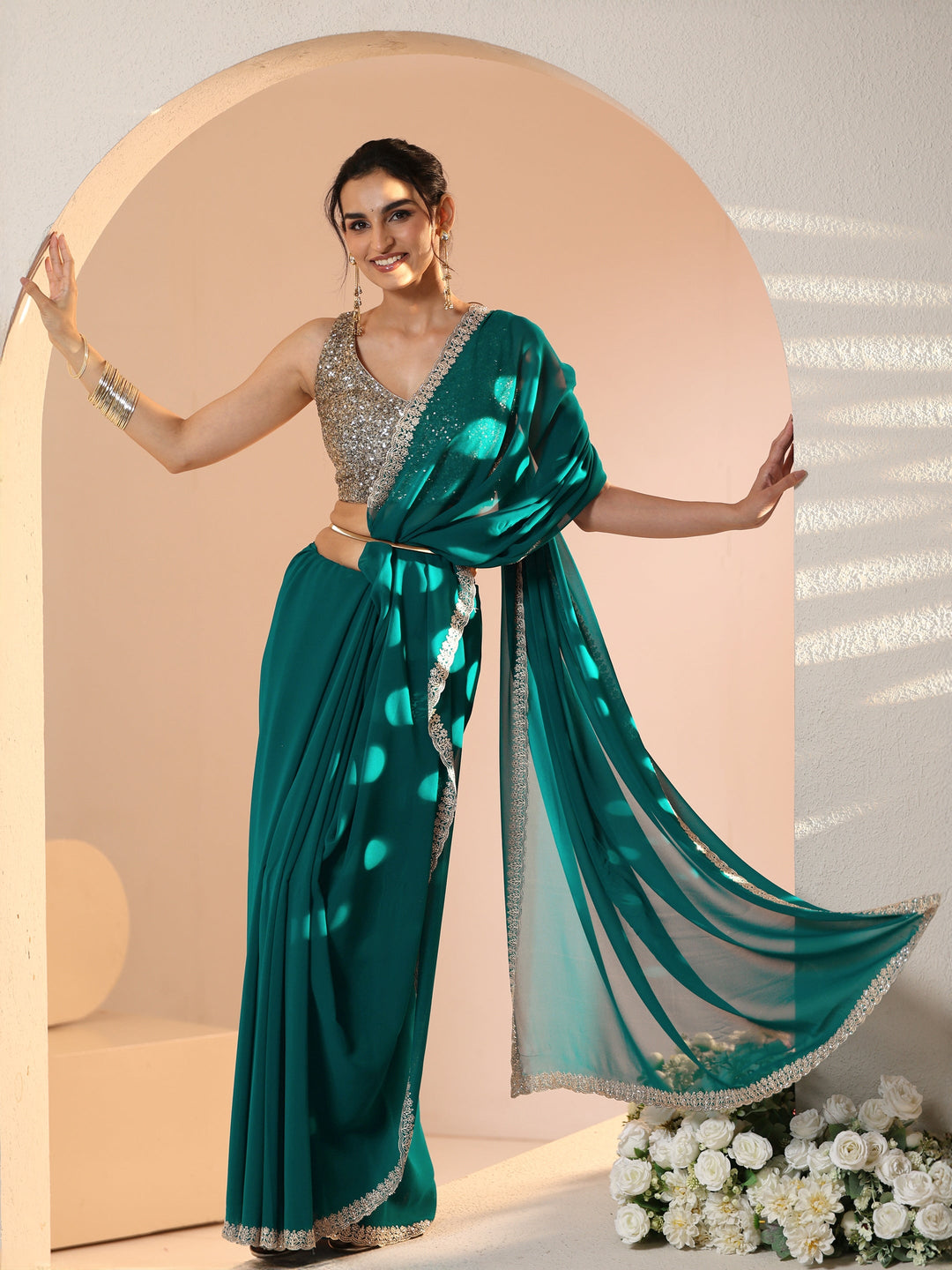  Libas Teal Green Georgette Saree with Embroidered Border 