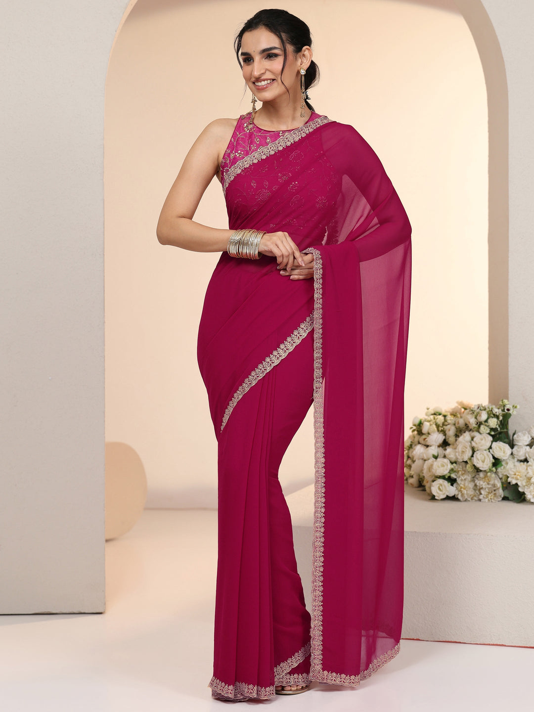  Libas Rani Pink Georgette Saree with Embroidered Border 