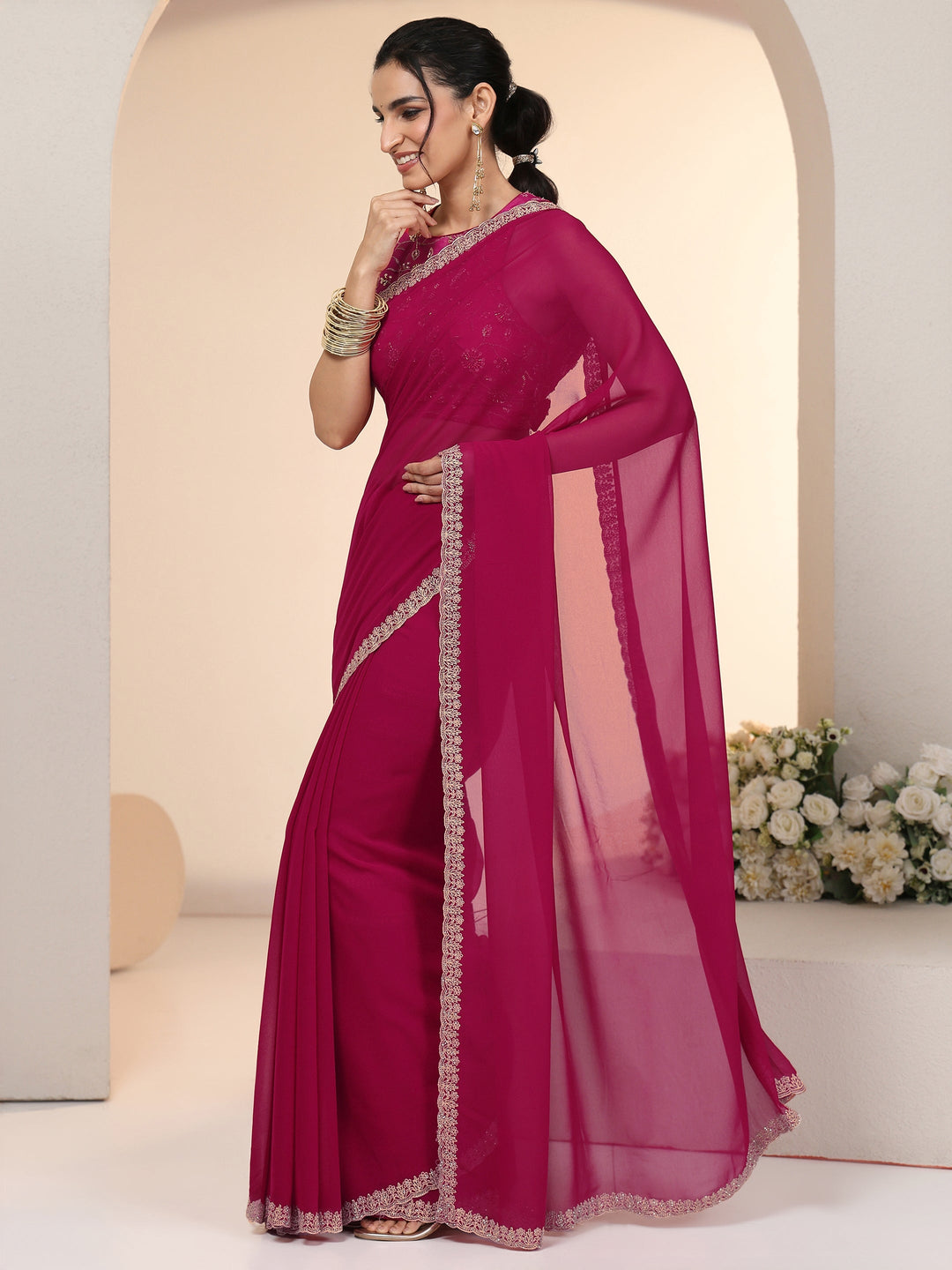  Libas Rani Pink Georgette Saree with Embroidered Border 
