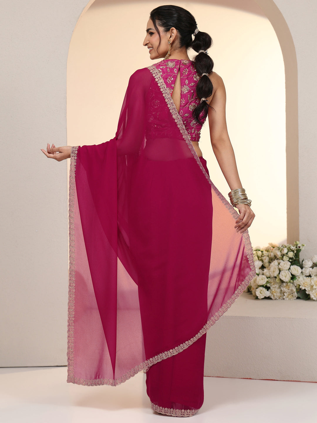  Libas Rani Pink Georgette Saree with Embroidered Border 