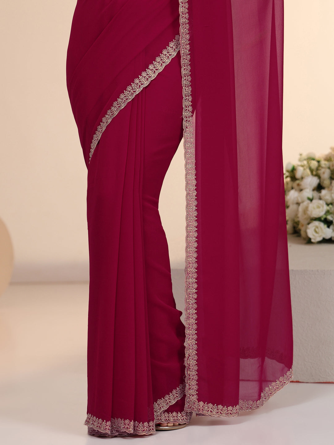  Libas Rani Pink Georgette Saree with Embroidered Border 