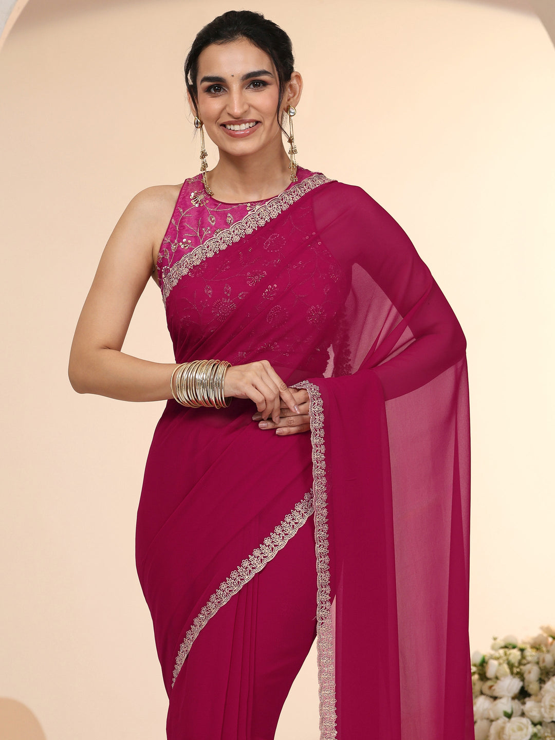 Libas Rani Pink Georgette Saree with Embroidered Border 